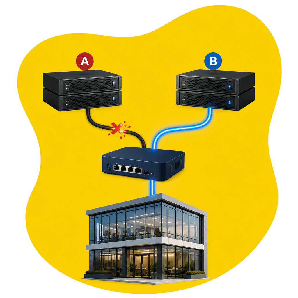 Diagrama de redundância: duas centrais de fibra com load balance mantendo a empresa no ar